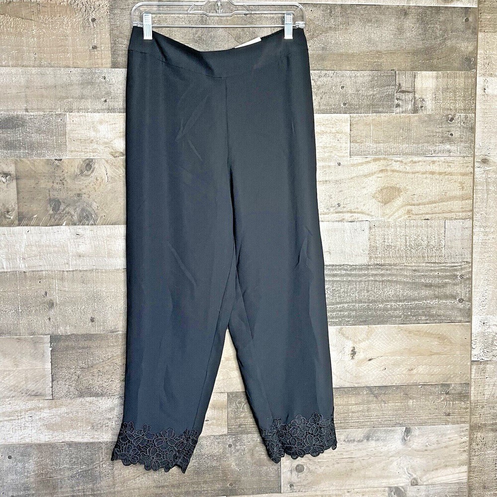 Elle Straight Ankle Mid-Rise Dress Pants Womens Size M Black Lace Hem Pull On